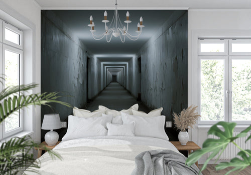 Black and white tunnel mural wallpaper in contemporary office space with clean lines