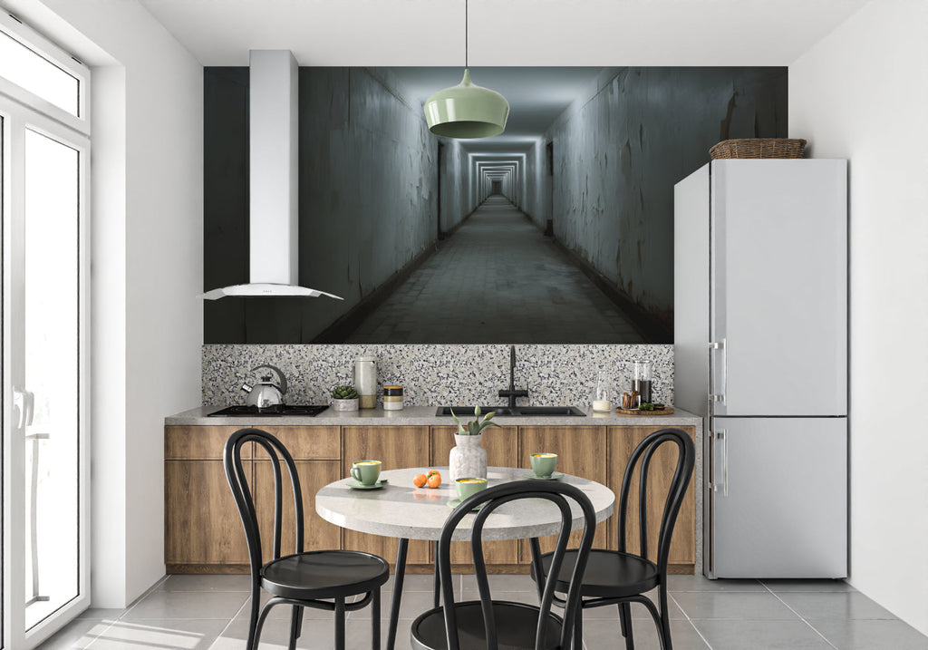 3D geometric wallpaper making hallway appear longer with optical illusion effect