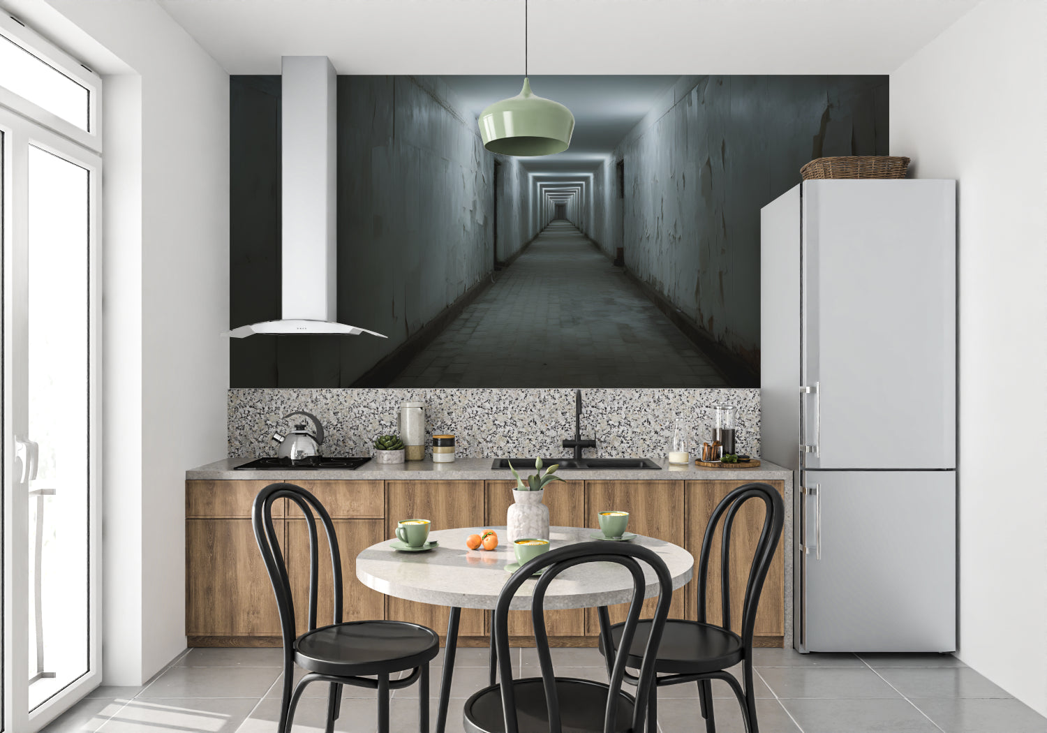 3D geometric wallpaper making hallway appear longer with optical illusion effect