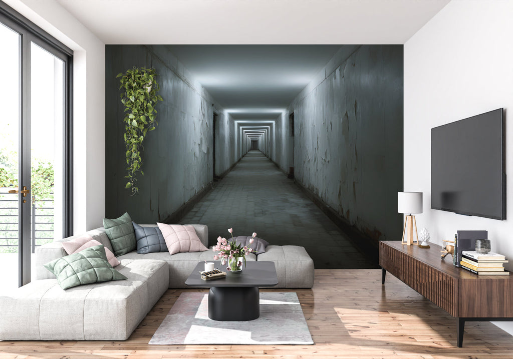 Bedroom transformed with 3D tunnel effect wallpaper creating dramatic focal point