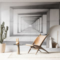 Modern living room with striking 3D optical tunnel wallpaper creating dramatic depth effect behind minimal furniture setting