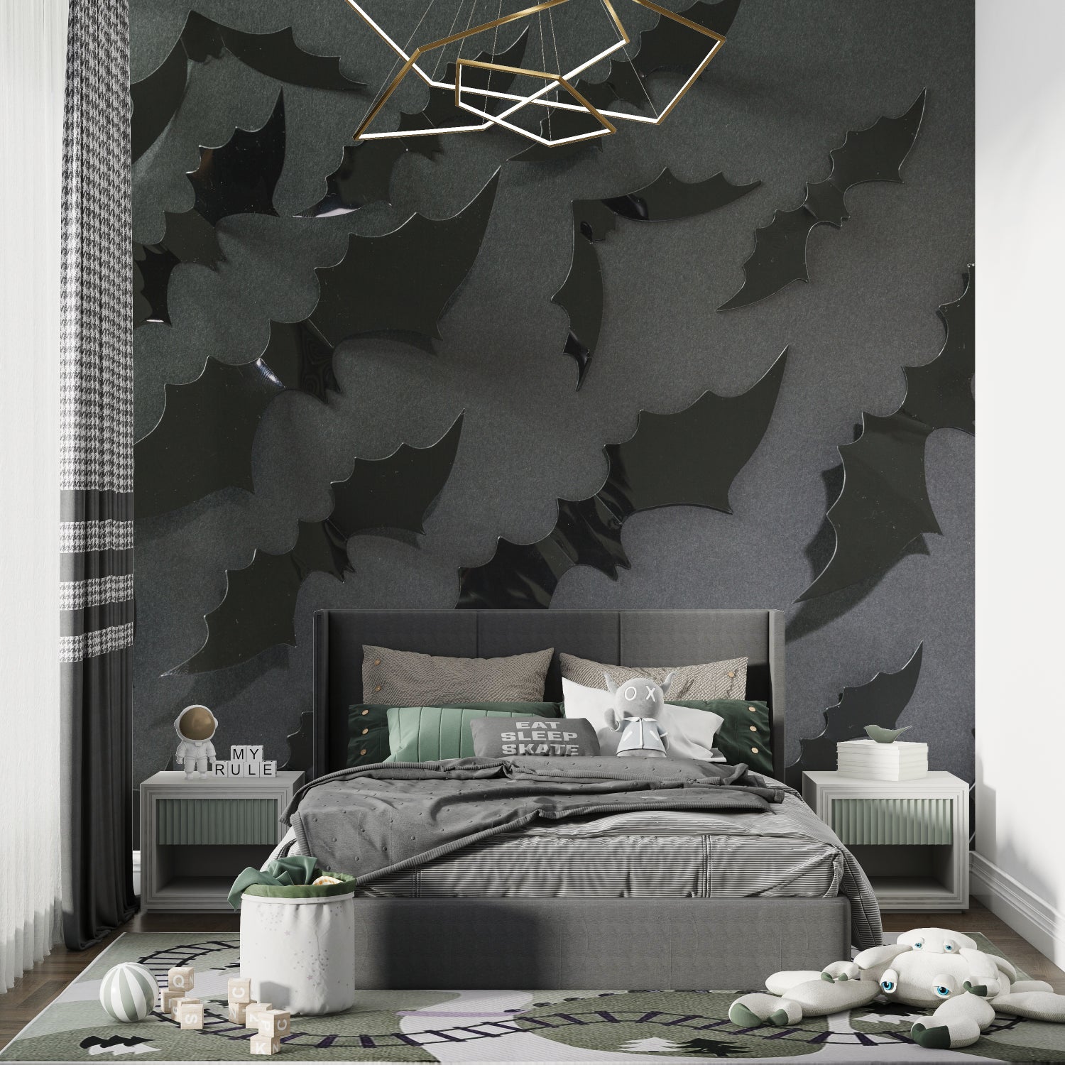 Black 3D leaf wallpaper in modern living room with grey sofa and pendant lights