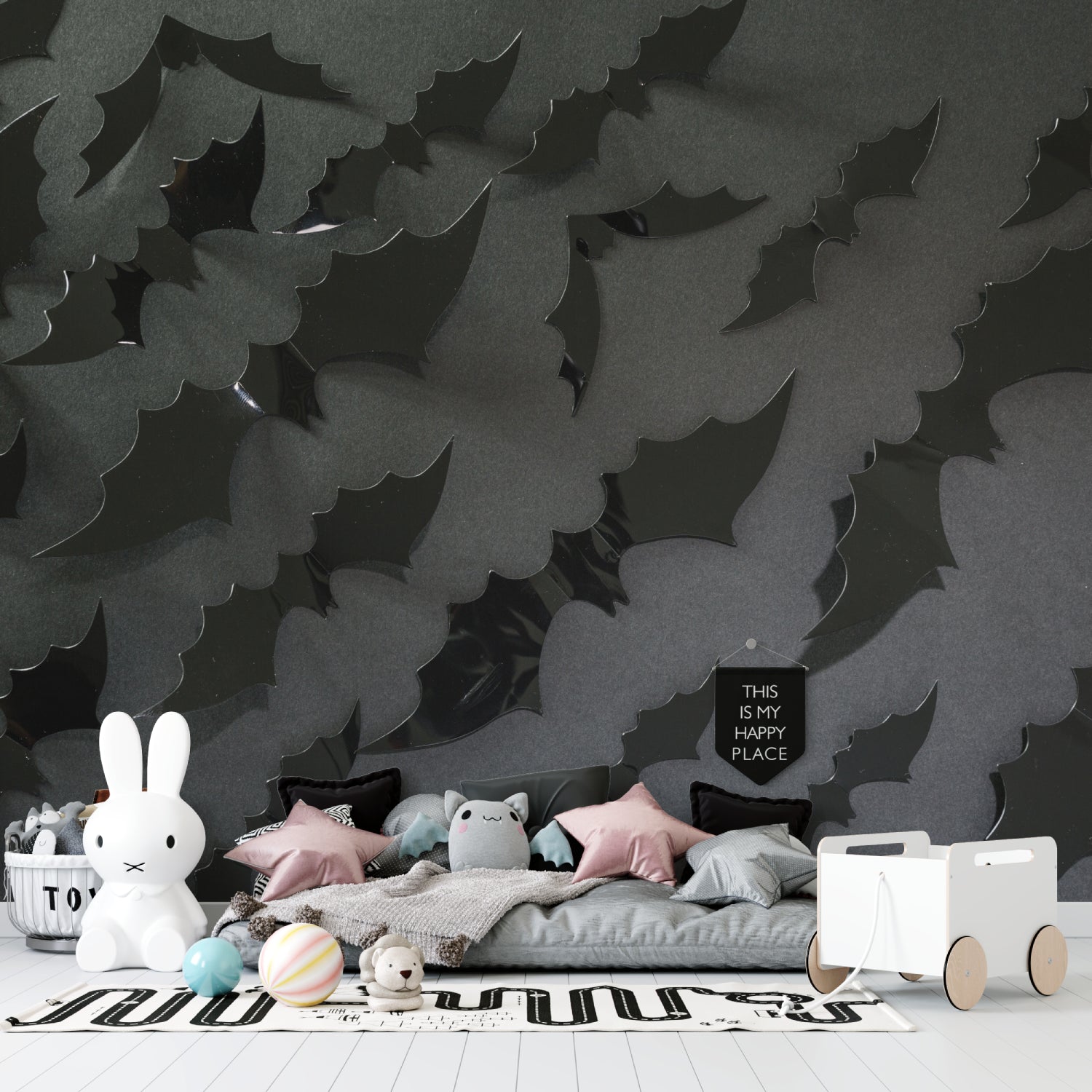 Close-up of 3D black leaf pattern wallpaper texture showing shadow detail