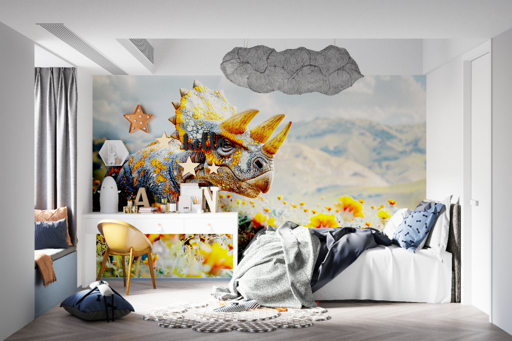 Dinosaur Wall Mural showcasing scale in a family room with detailed triceratops