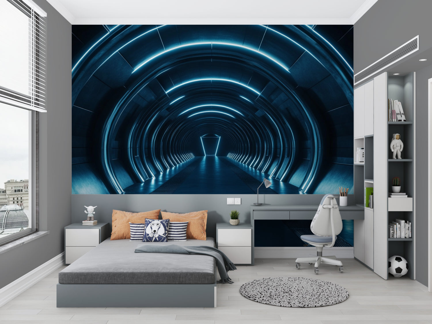 3D tunnel wallpaper creating depth in modern living room with blue lighting effects