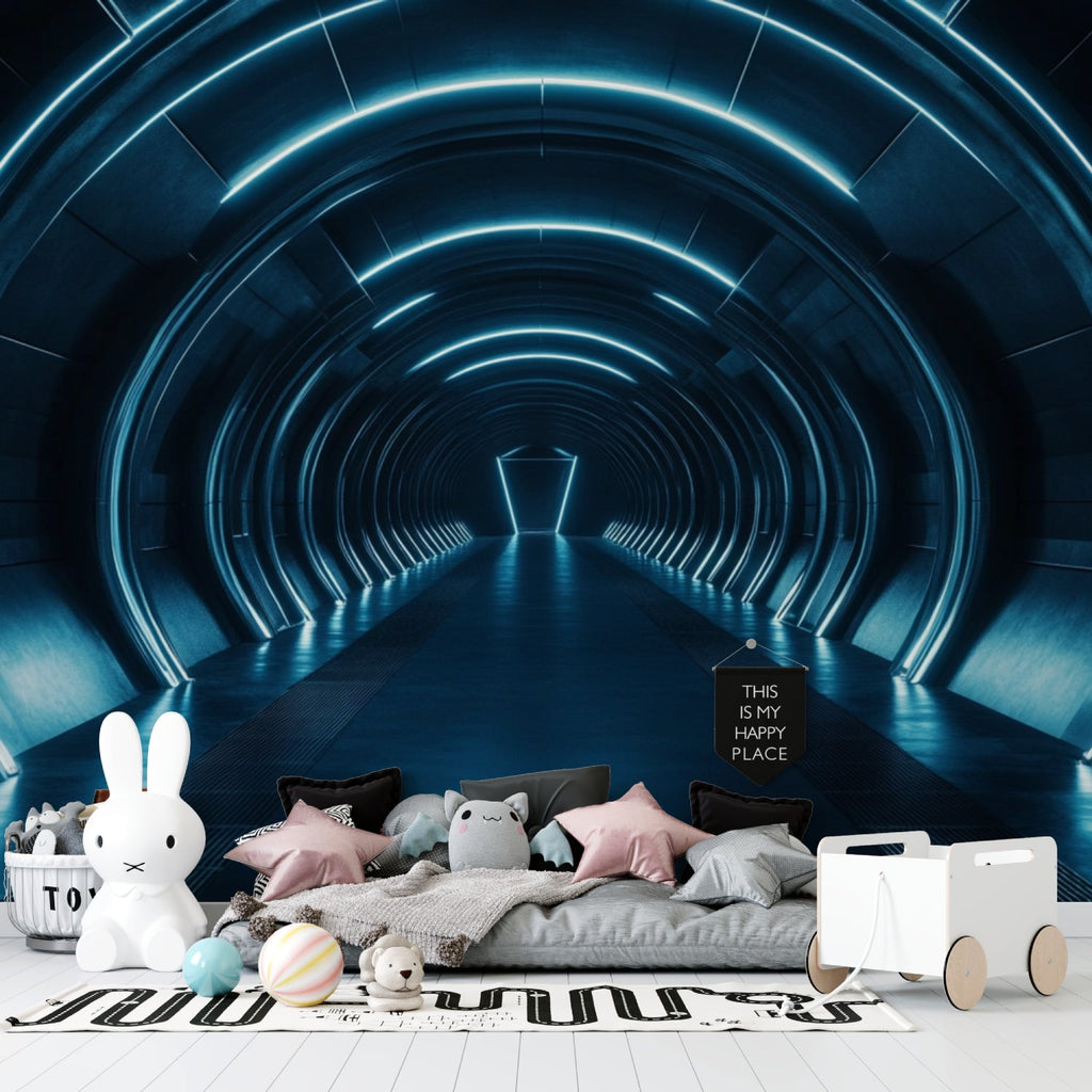 3D optical illusion wallpaper transforming gaming room with blue light tunnel effect