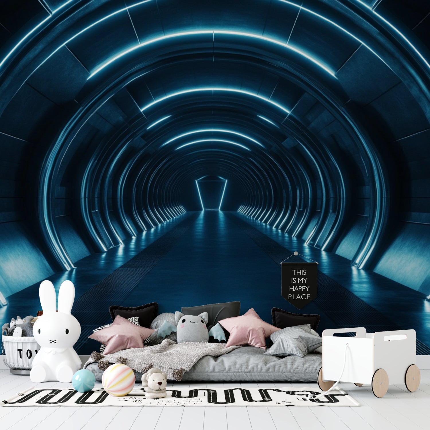 3D optical illusion wallpaper transforming gaming room with blue light tunnel effect