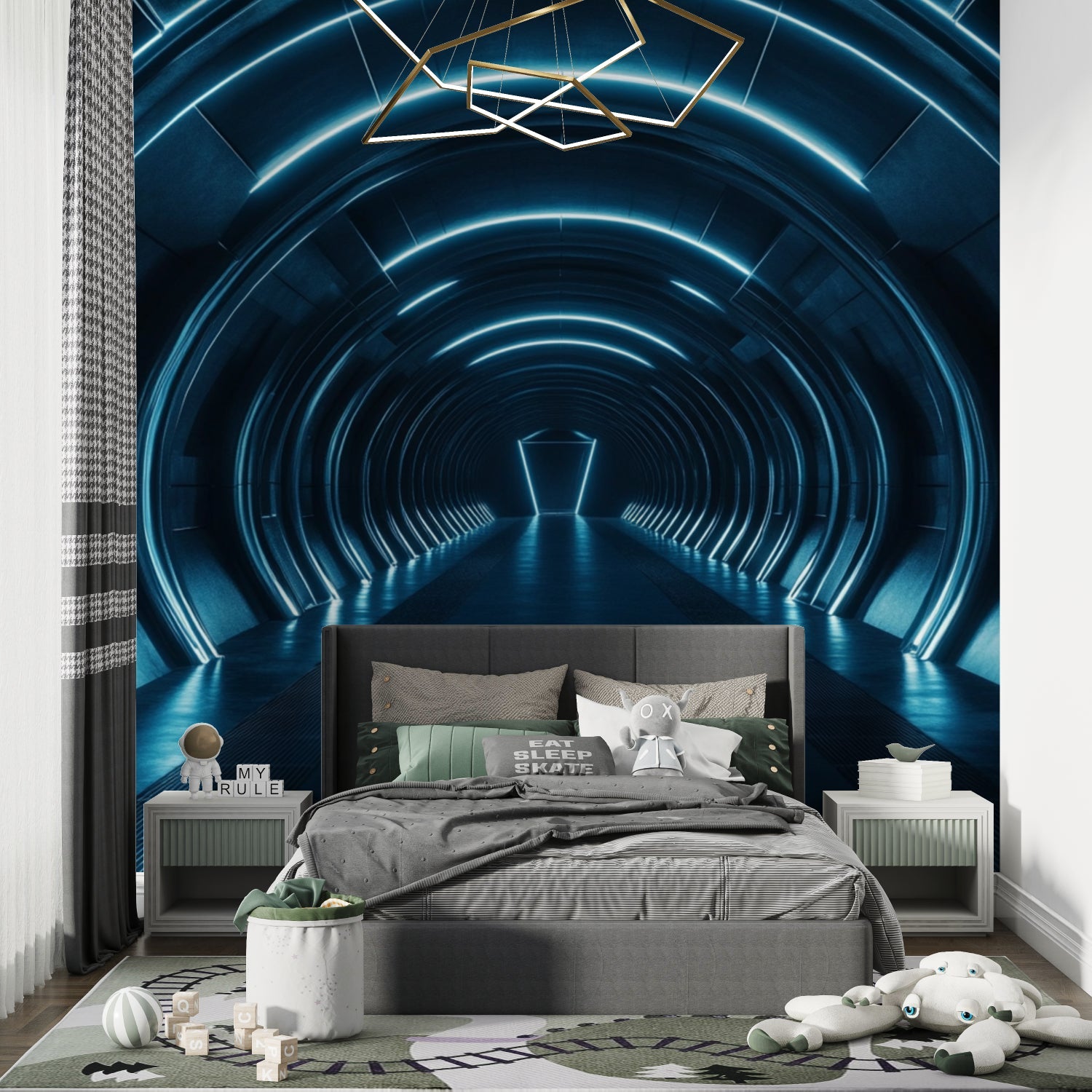Modern bedroom featuring 3D tunnel wall mural with glowing blue effects