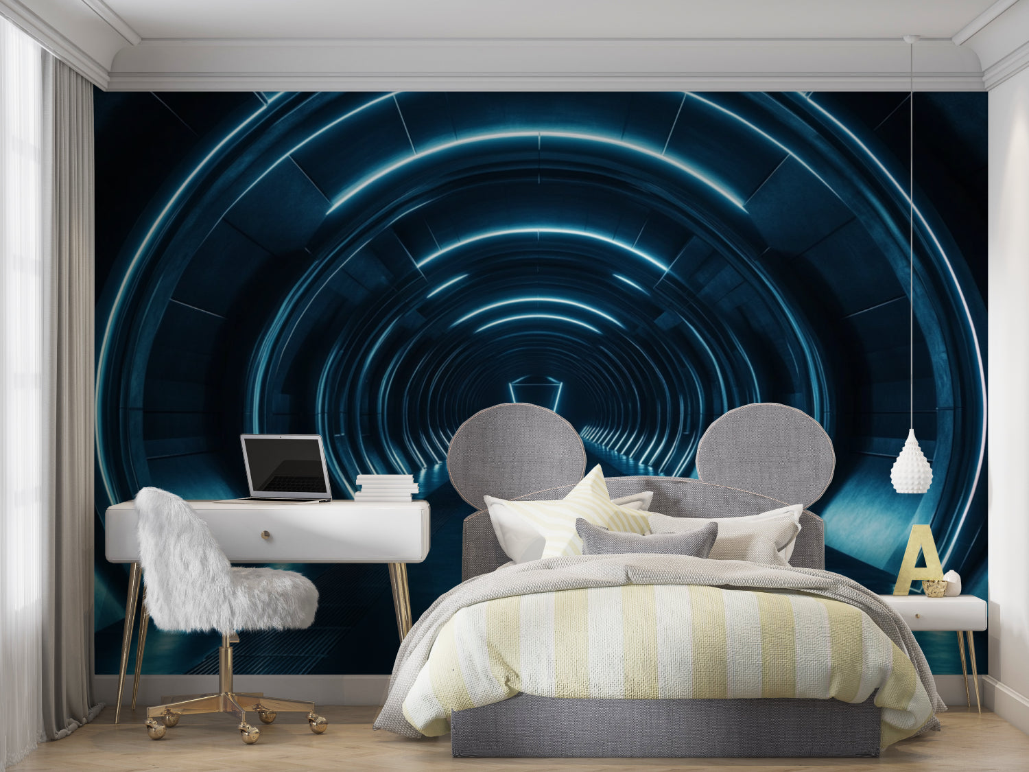 Contemporary hallway showcasing 3D tunnel wallpaper with blue light design