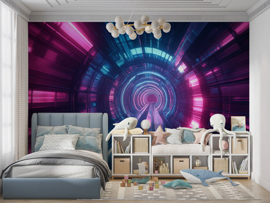 3D digital tunnel wallpaper transforming office space with neon glow effect