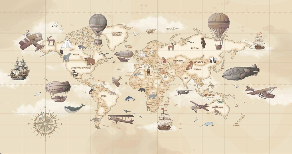 World Map Mural Wallpaper | Vintage Adventure Theme With Hot Air Balloons