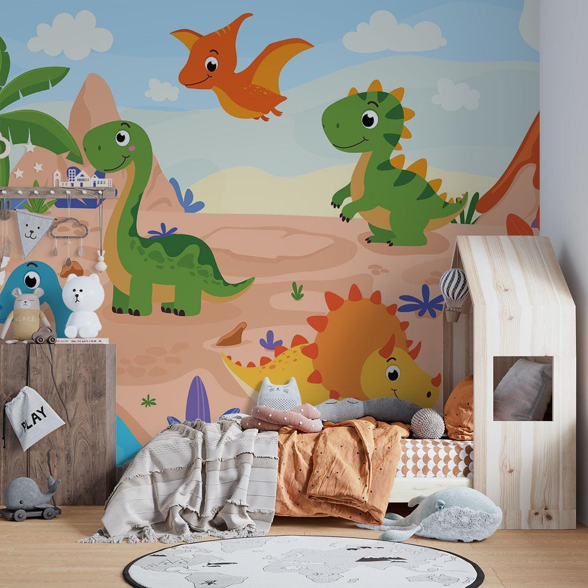 Dinosaur Mural Wallpaper | Cartoon Prehistoric Adventure Scene