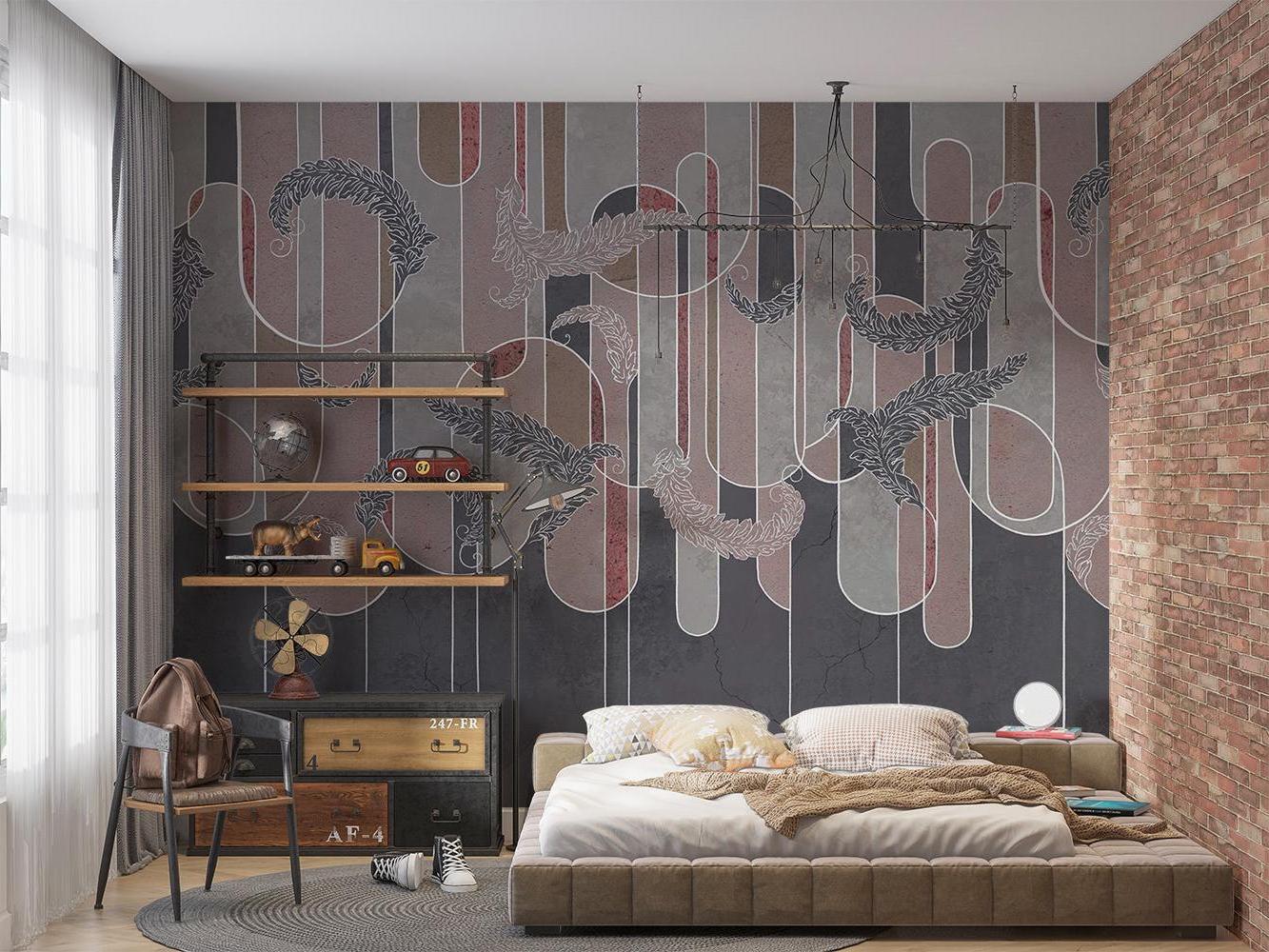 Abstract Mural Wallpaper | Geometric Feather Design with Burgundy Stripes
