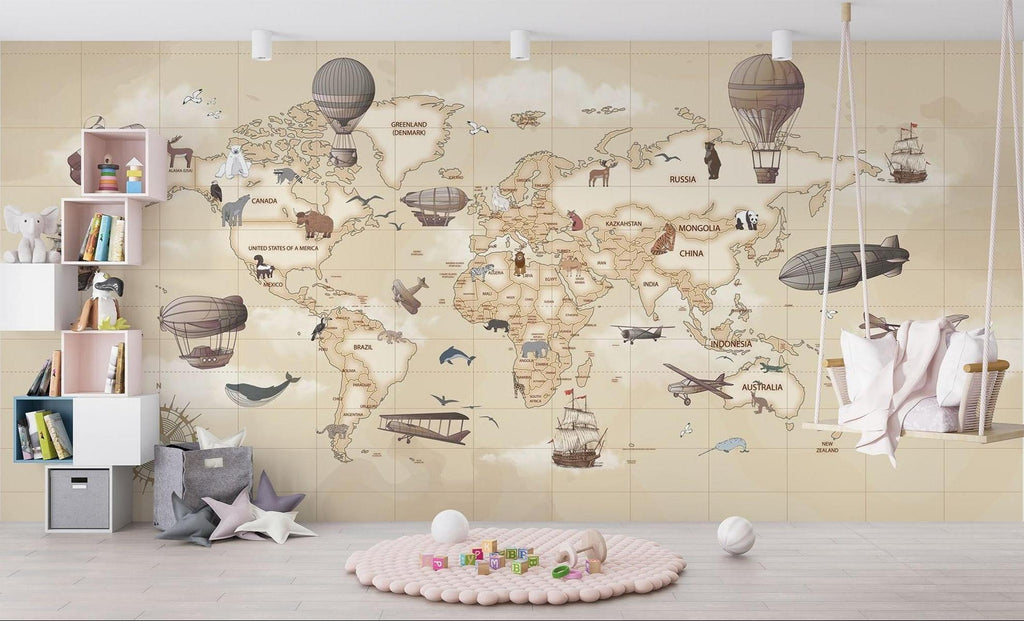 World Map Mural Wallpaper | Vintage Adventure Theme With Hot Air Balloons
