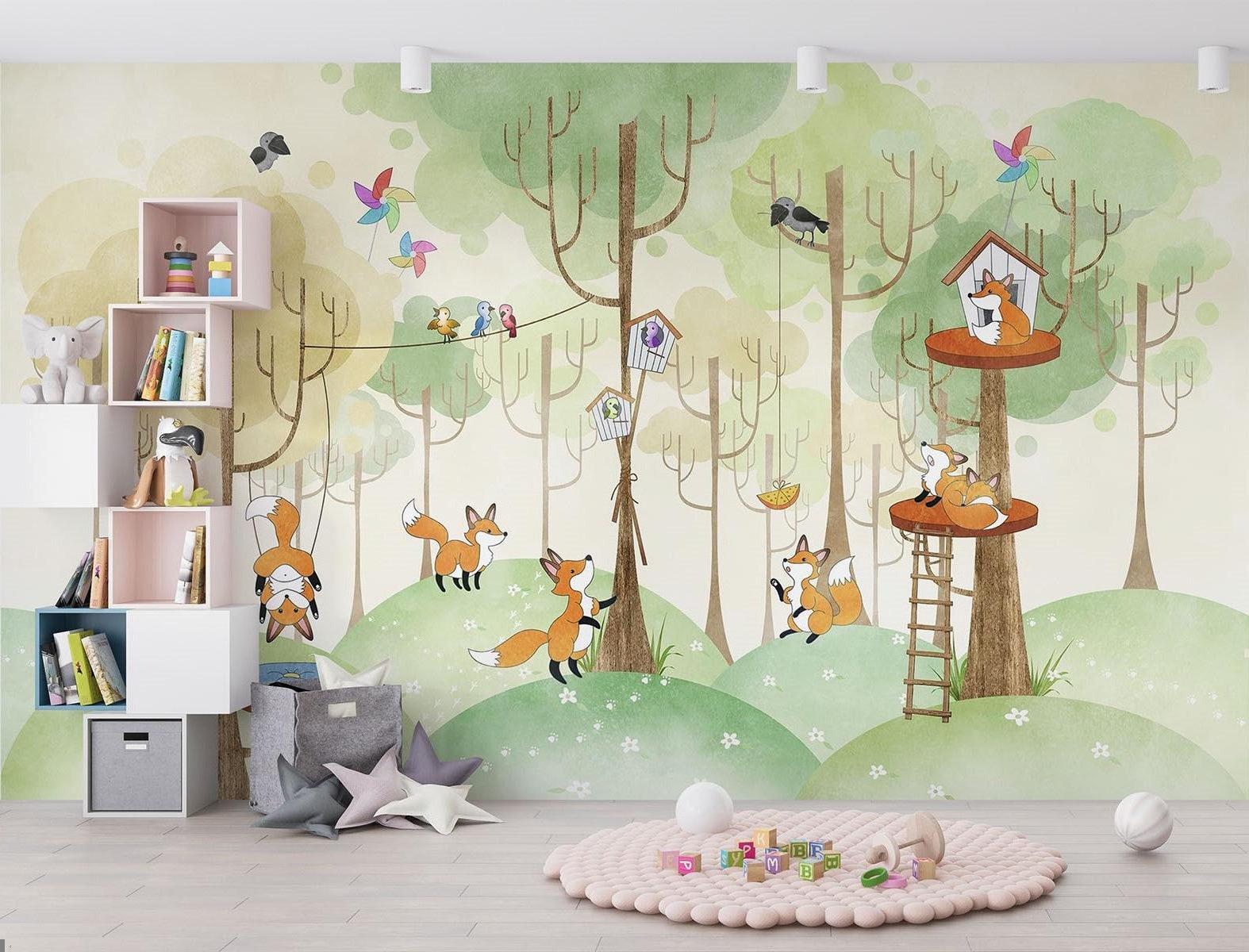 Forest Animals Mural Wallpaper | Playful Fox Treehouse Scene
