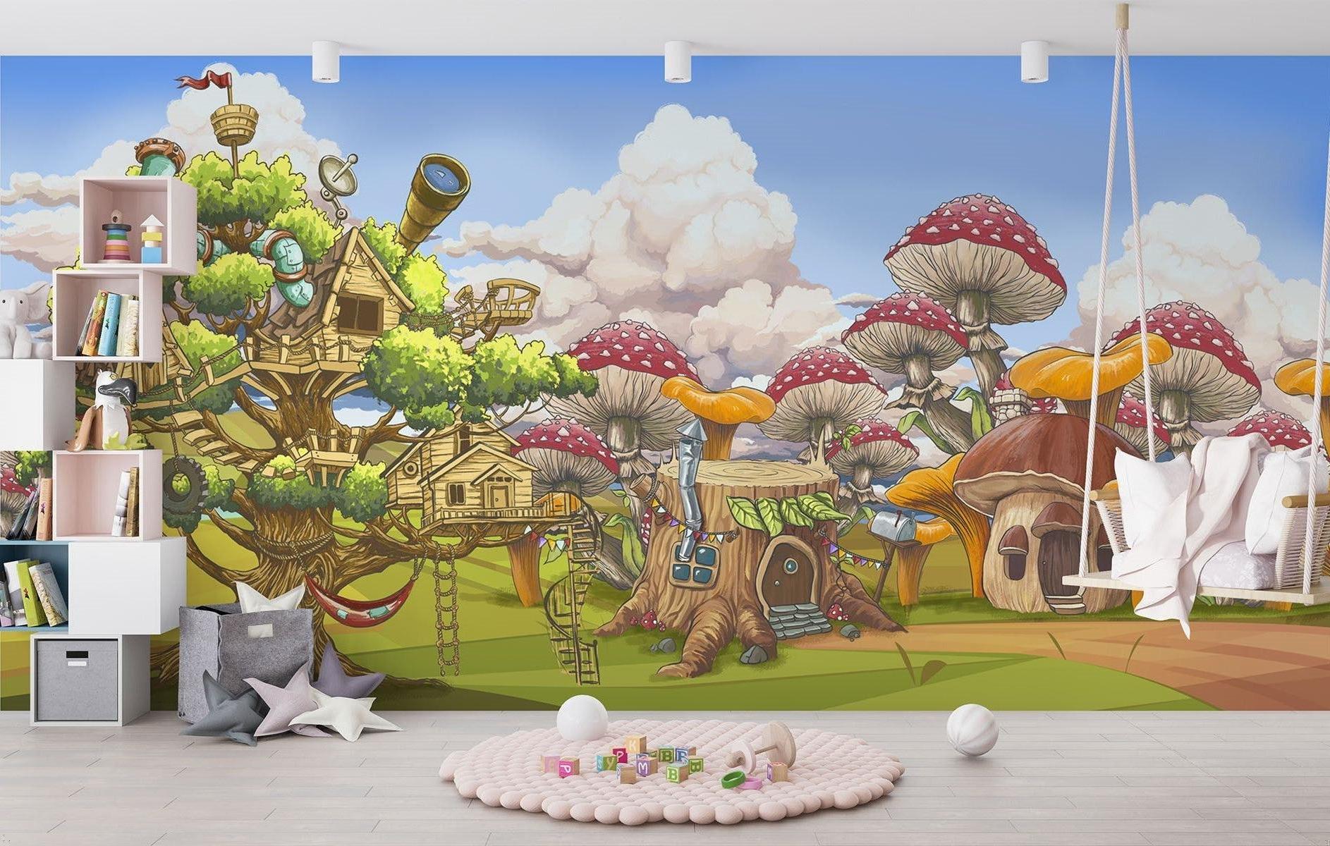 Fantasy Treehouse Mural Wallpaper | Magical Mushroom Forest Adventure