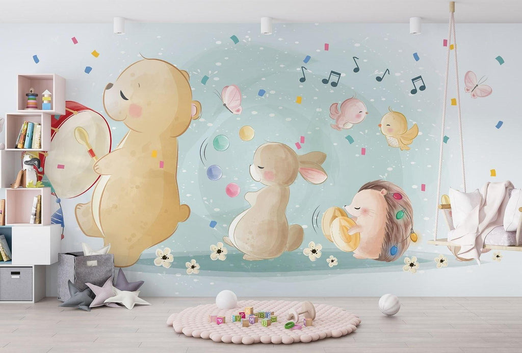 Musical Animals Mural Wallpaper | Playful Nursery Band with Bear and Bunny