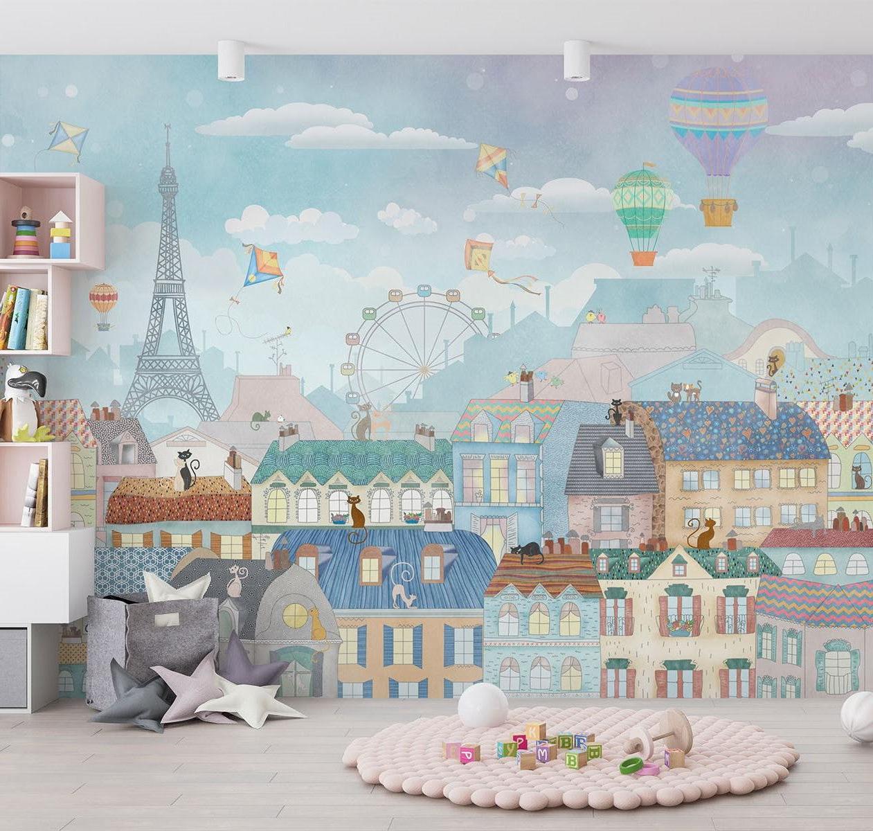 Paris Mural Wallpaper | Whimsical Cityscape With Hot Air Balloons