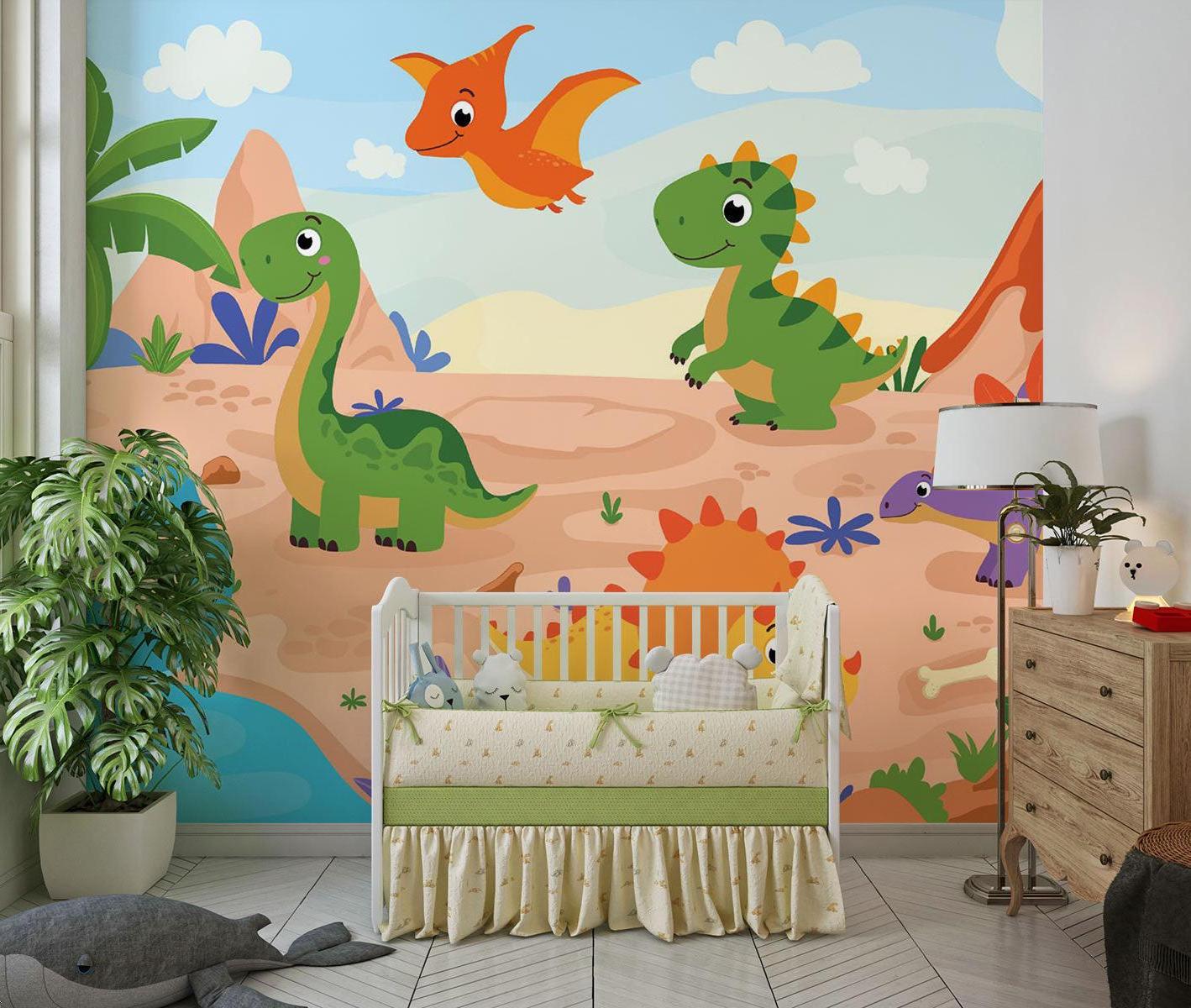 Dinosaur Mural Wallpaper | Cartoon Prehistoric Adventure Scene