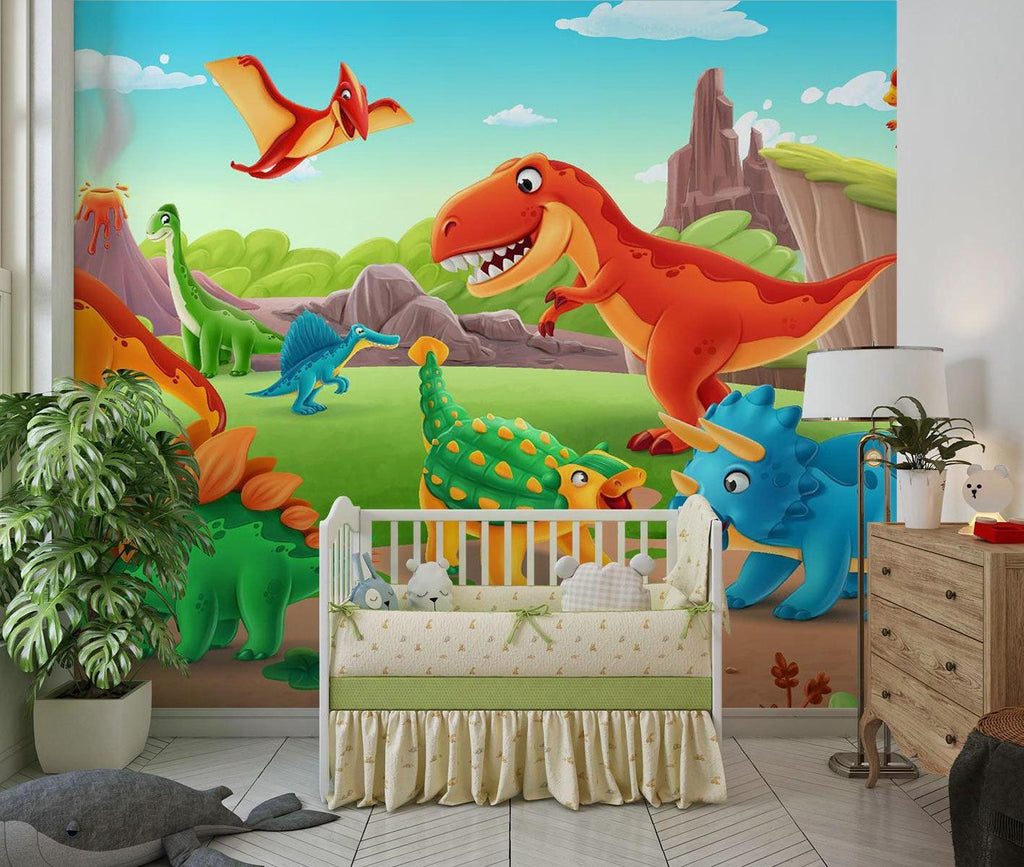 Dinosaur Mural Wallpaper | Colorful Prehistoric Adventure Scene