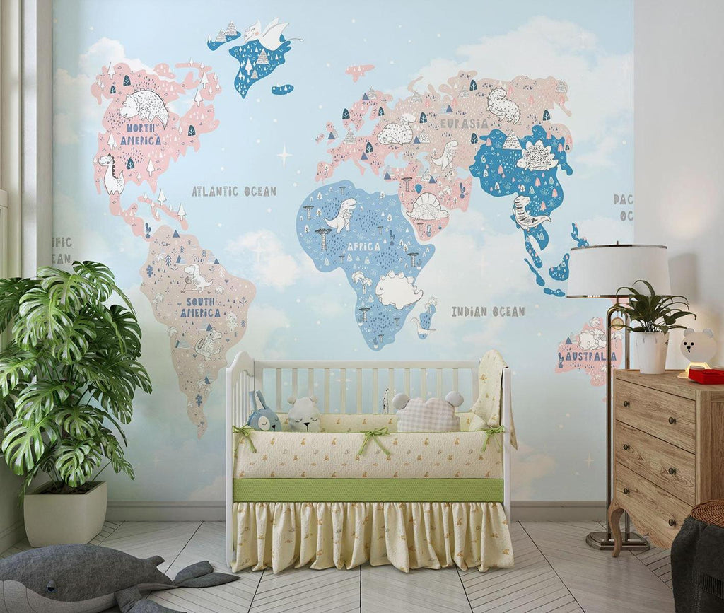 World Map Mural Wallpaper | Dinosaur Adventure in Pastel Colors