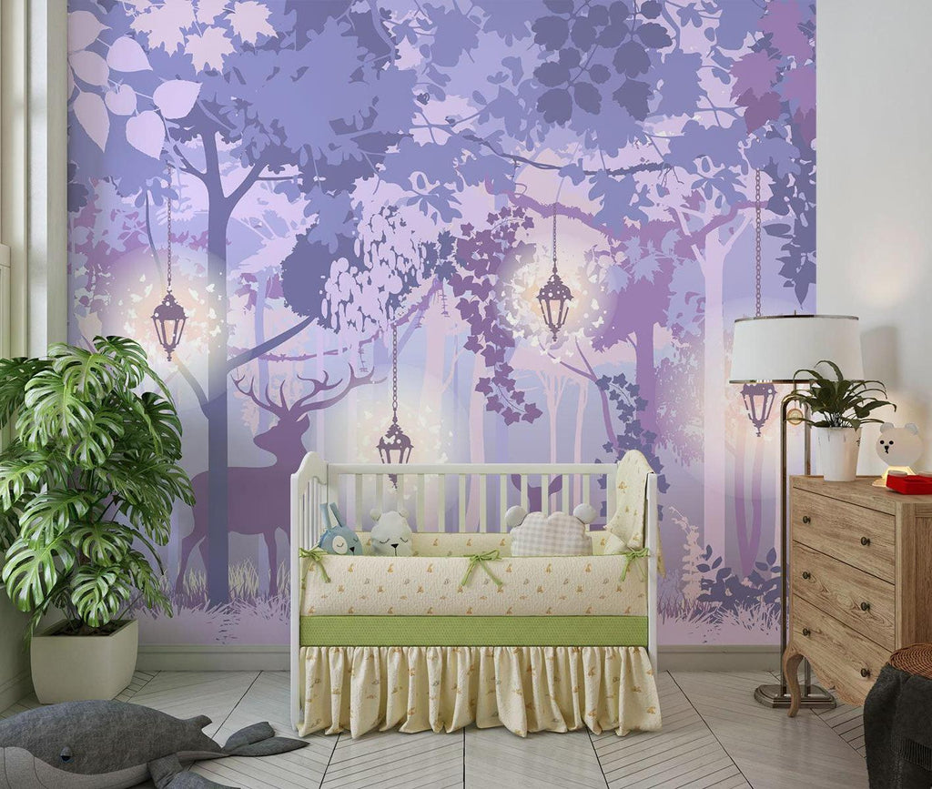 Forest Mural Wallpaper | Enchanted Purple Woodland With Lanterns
