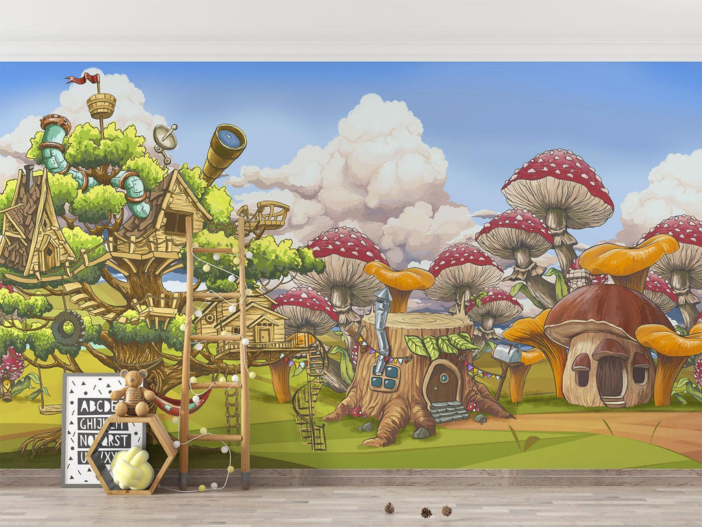Fantasy Treehouse Mural Wallpaper | Magical Mushroom Forest Adventure