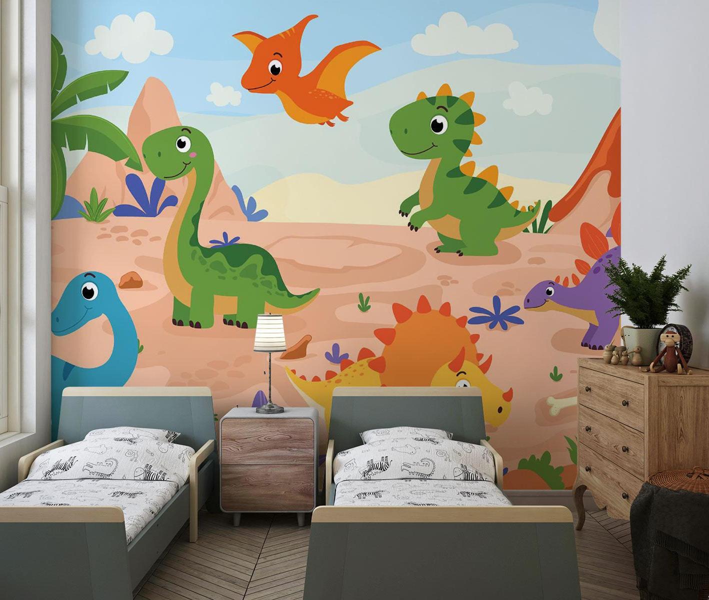 Dinosaur Mural Wallpaper | Cartoon Prehistoric Adventure Scene