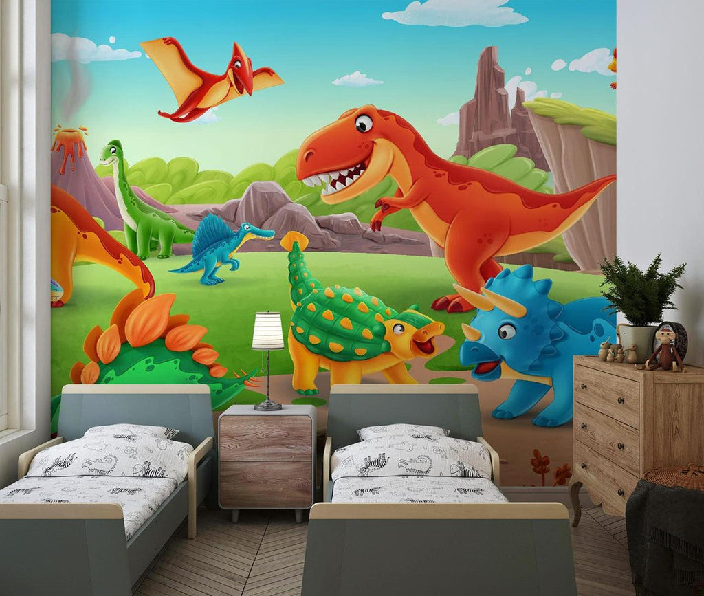 Dinosaur Mural Wallpaper | Colorful Prehistoric Adventure Scene