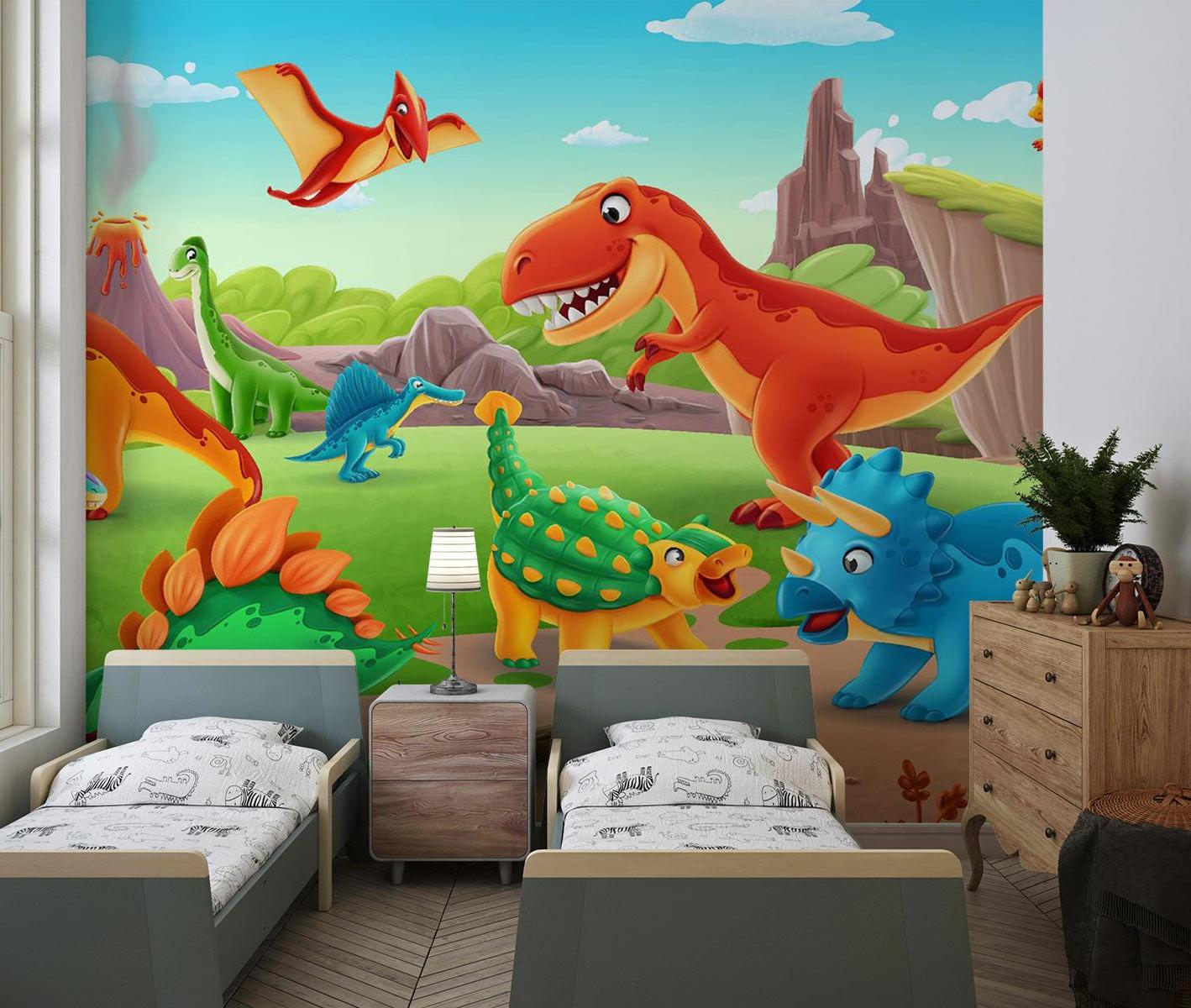 Dinosaur Mural Wallpaper | Colorful Prehistoric Adventure Scene