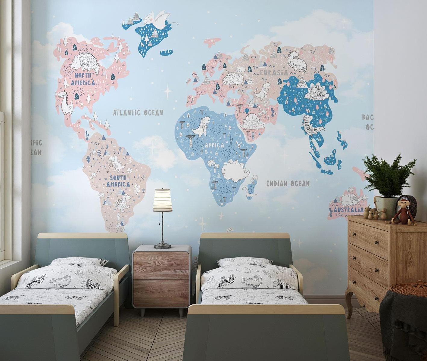 World Map Mural Wallpaper | Dinosaur Adventure in Pastel Colors