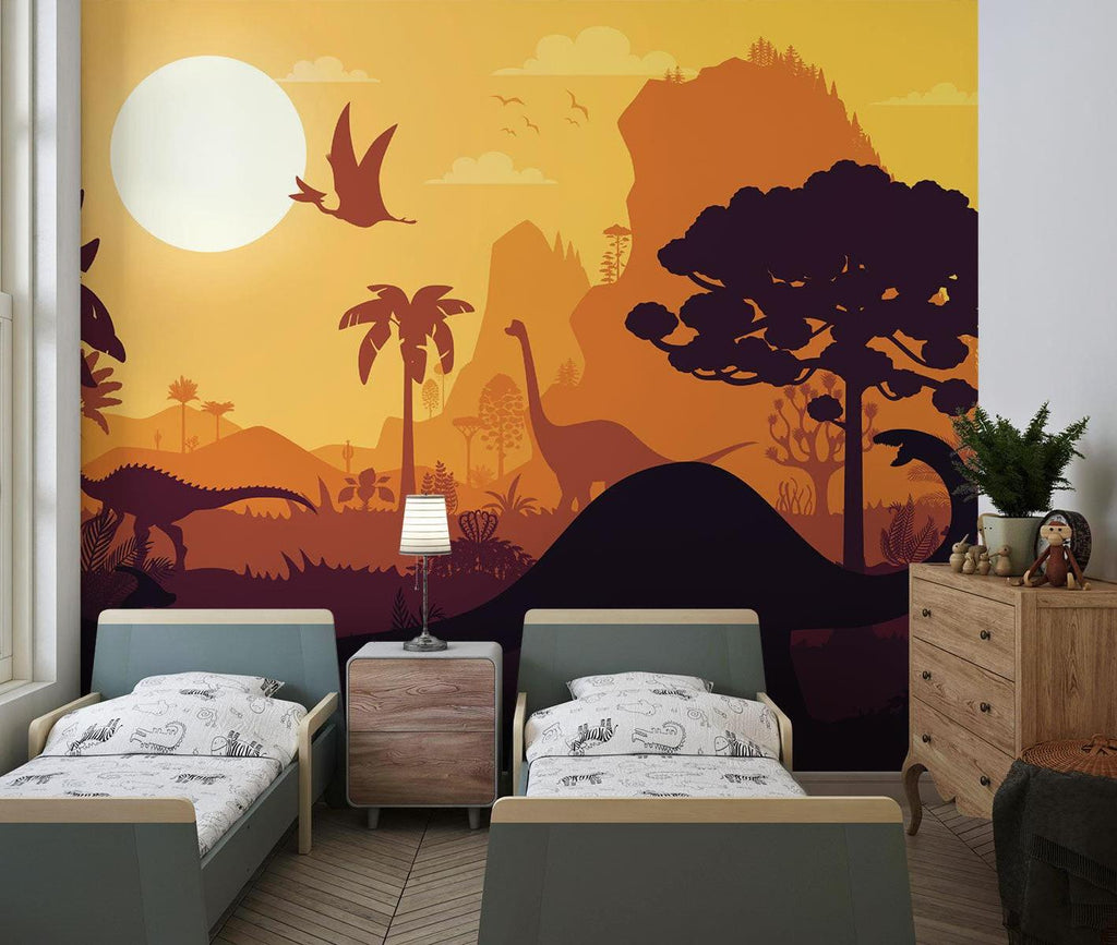 Dinosaur Mural Wallpaper | Prehistoric Sunset Landscape