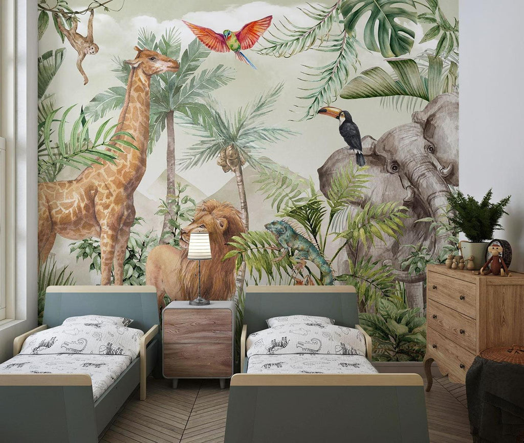 Jungle Animals Mural Wallpaper | Safari Wildlife with Tropical Foliage
