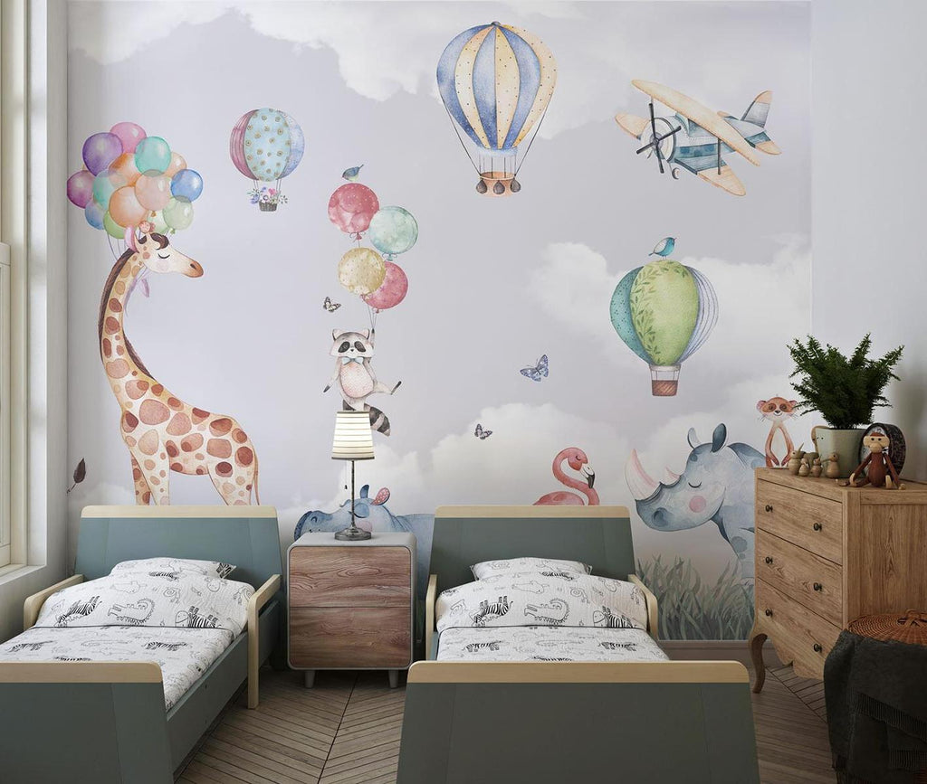 Safari Animals Mural Wallpaper | Watercolor Hot Air Balloon Adventure