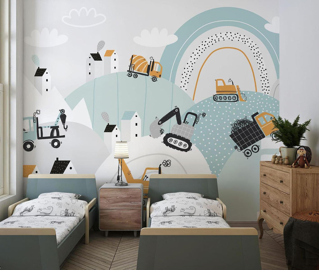 Construction Mural Wallpaper | Playful Vehicle Scene With Rainbow