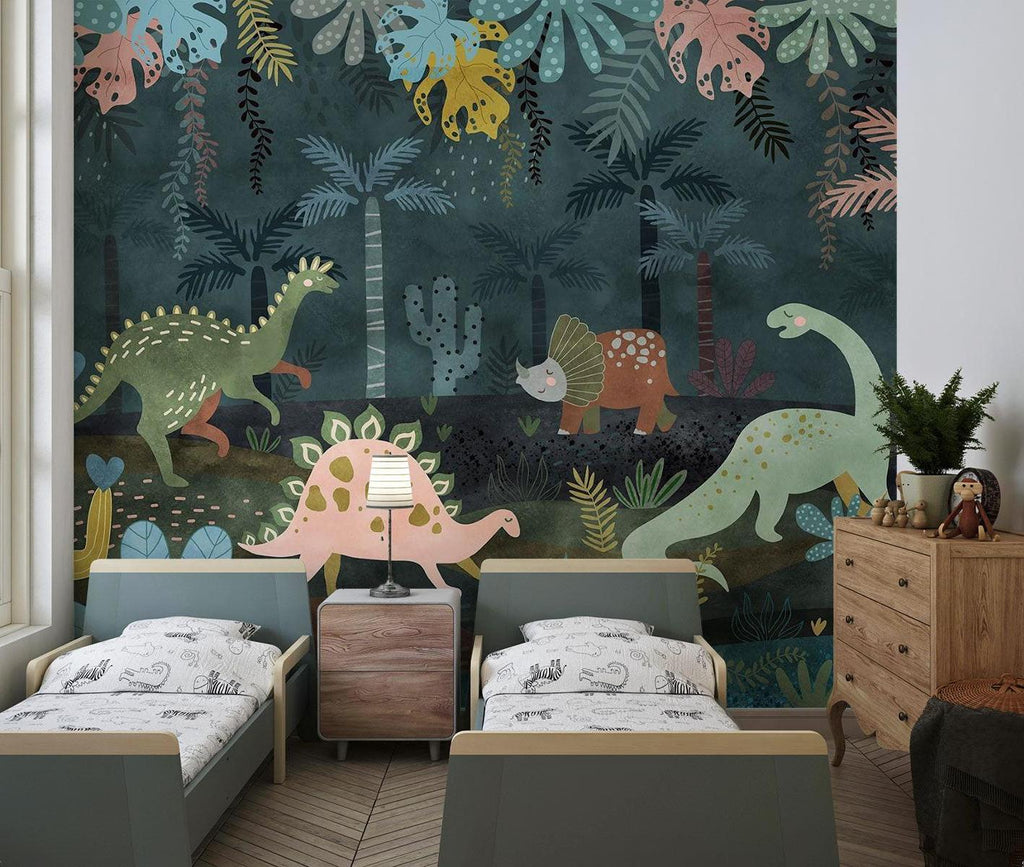 Dinosaur Mural Wallpaper | Jungle Adventure with Pastel Characters