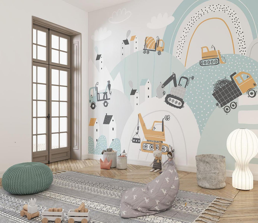 Construction Mural Wallpaper | Playful Vehicle Scene With Rainbow