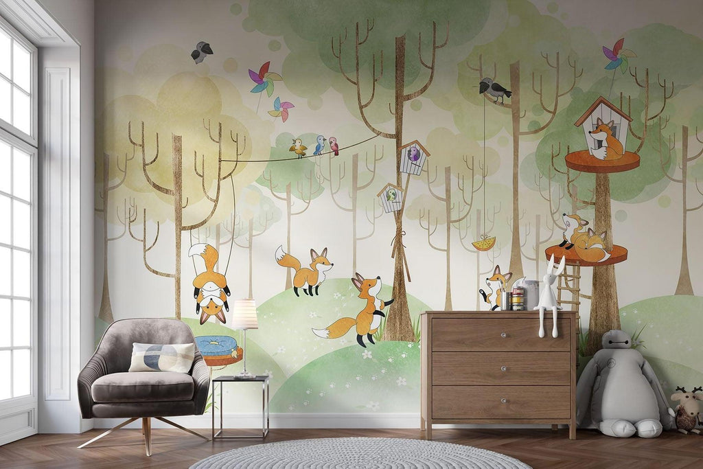 Forest Animals Mural Wallpaper | Playful Fox Treehouse Scene