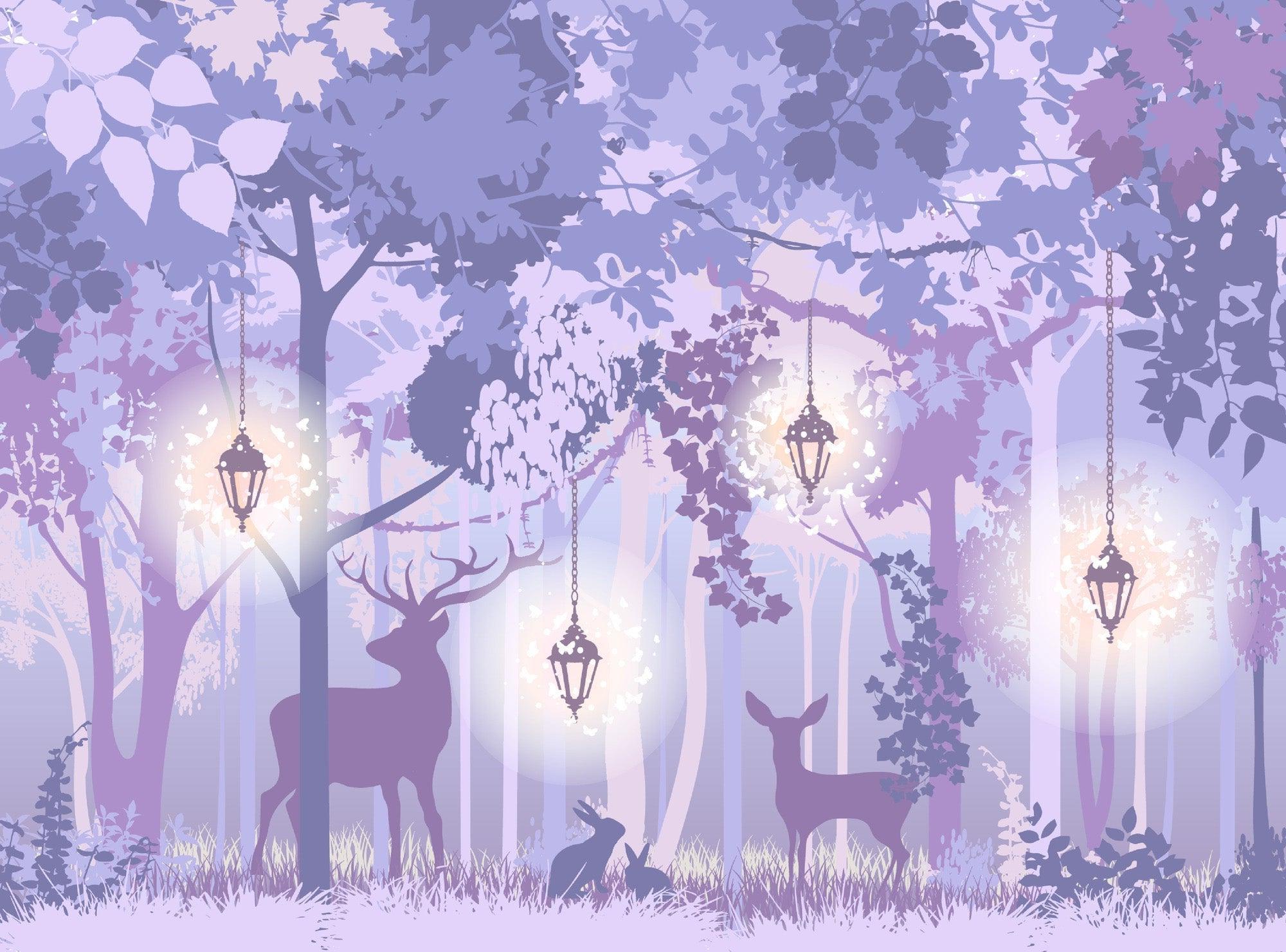 Forest Mural Wallpaper | Enchanted Purple Woodland With Lanterns