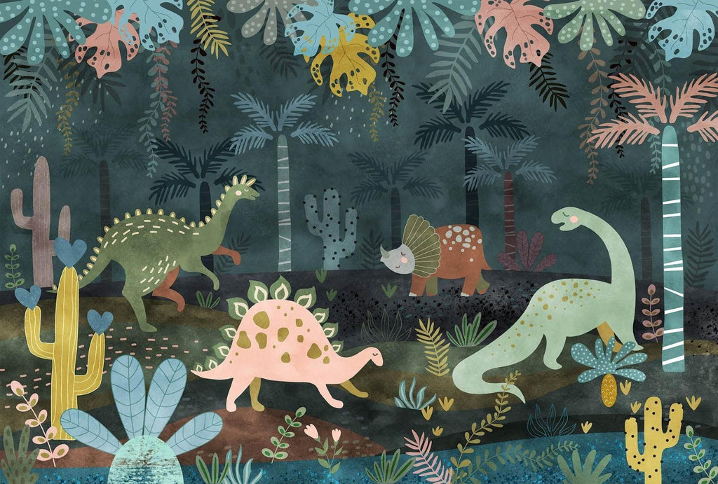 Dinosaur Mural Wallpaper | Jungle Adventure with Pastel Characters