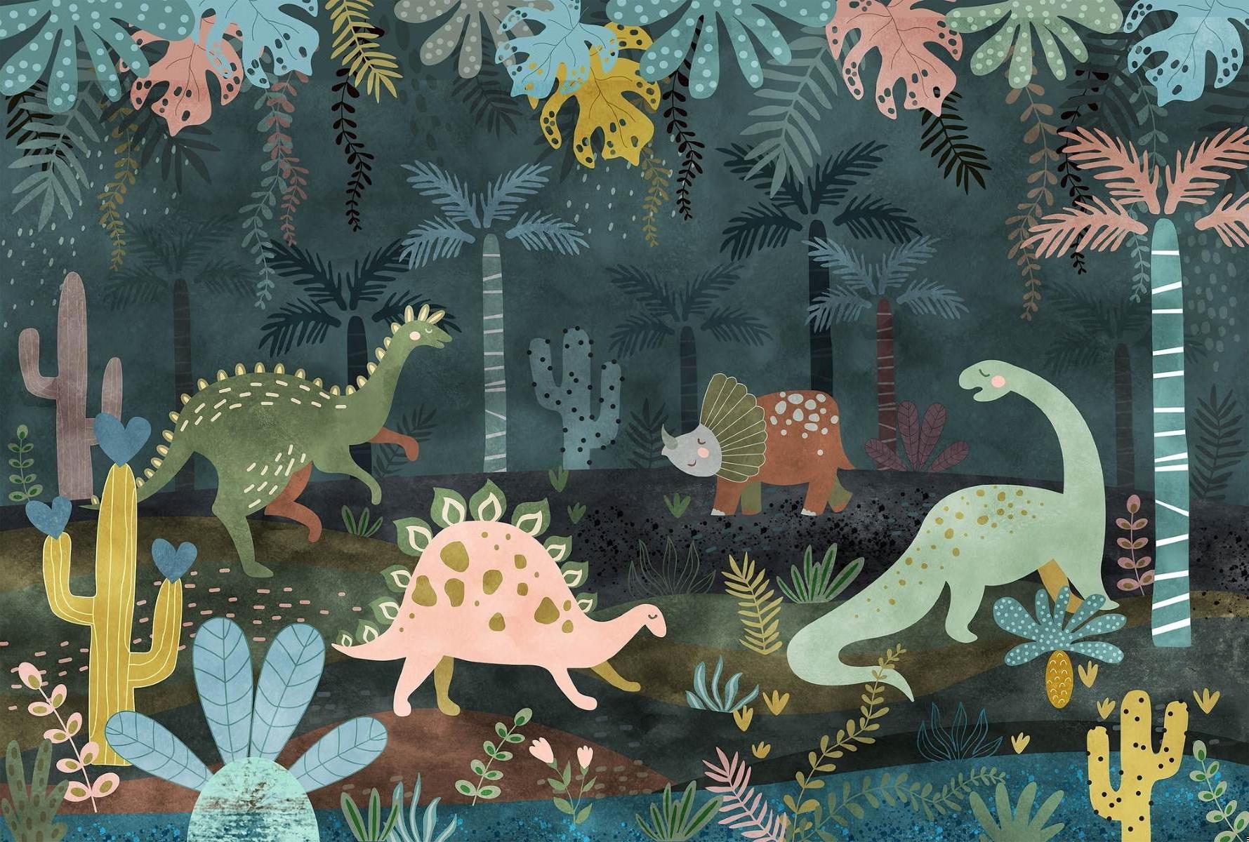 Dinosaur Mural Wallpaper | Jungle Adventure with Pastel Characters