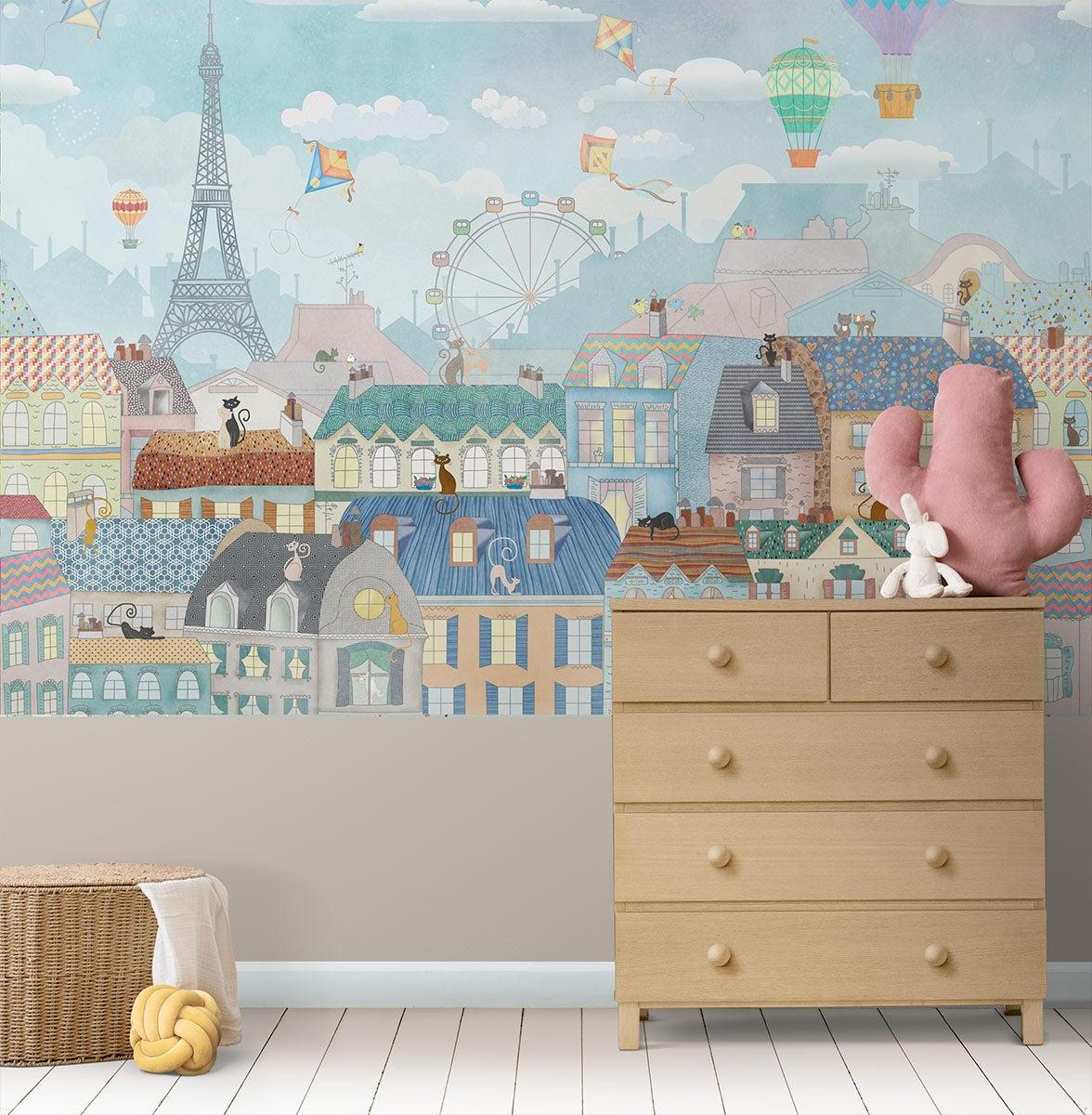 Paris Mural Wallpaper | Whimsical Cityscape With Hot Air Balloons