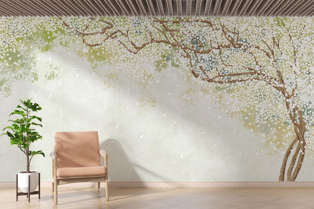 Cherry Blossom Mural Wallpaper | Soft White Watercolor Design