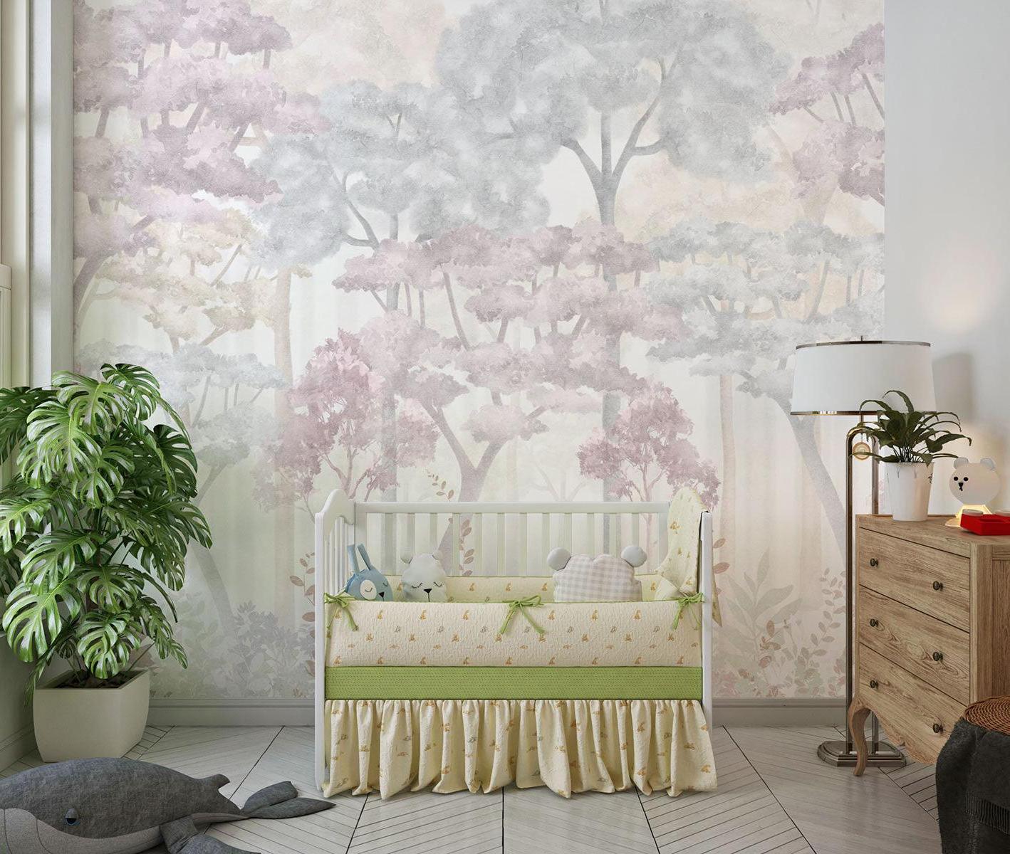 Forest Mural Wallpaper | Dreamy Pink and Grey Watercolor Trees