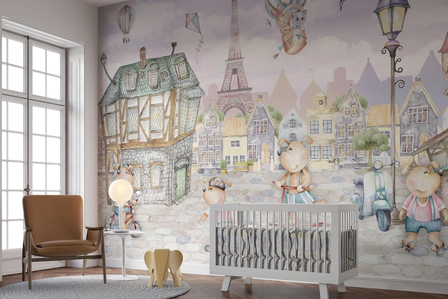 Paris Kids Mural Wallpaper | Whimsical Teddy Bears Adventure