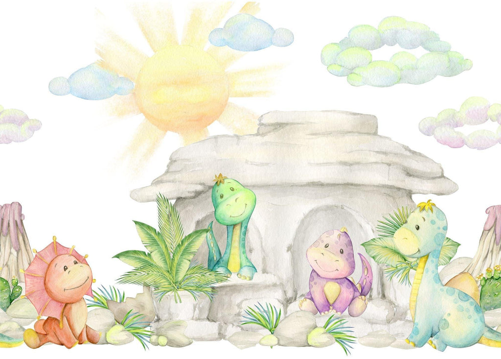 Dinosaur Mural Wallpaper | Watercolor Pastel Baby Dragons Cave