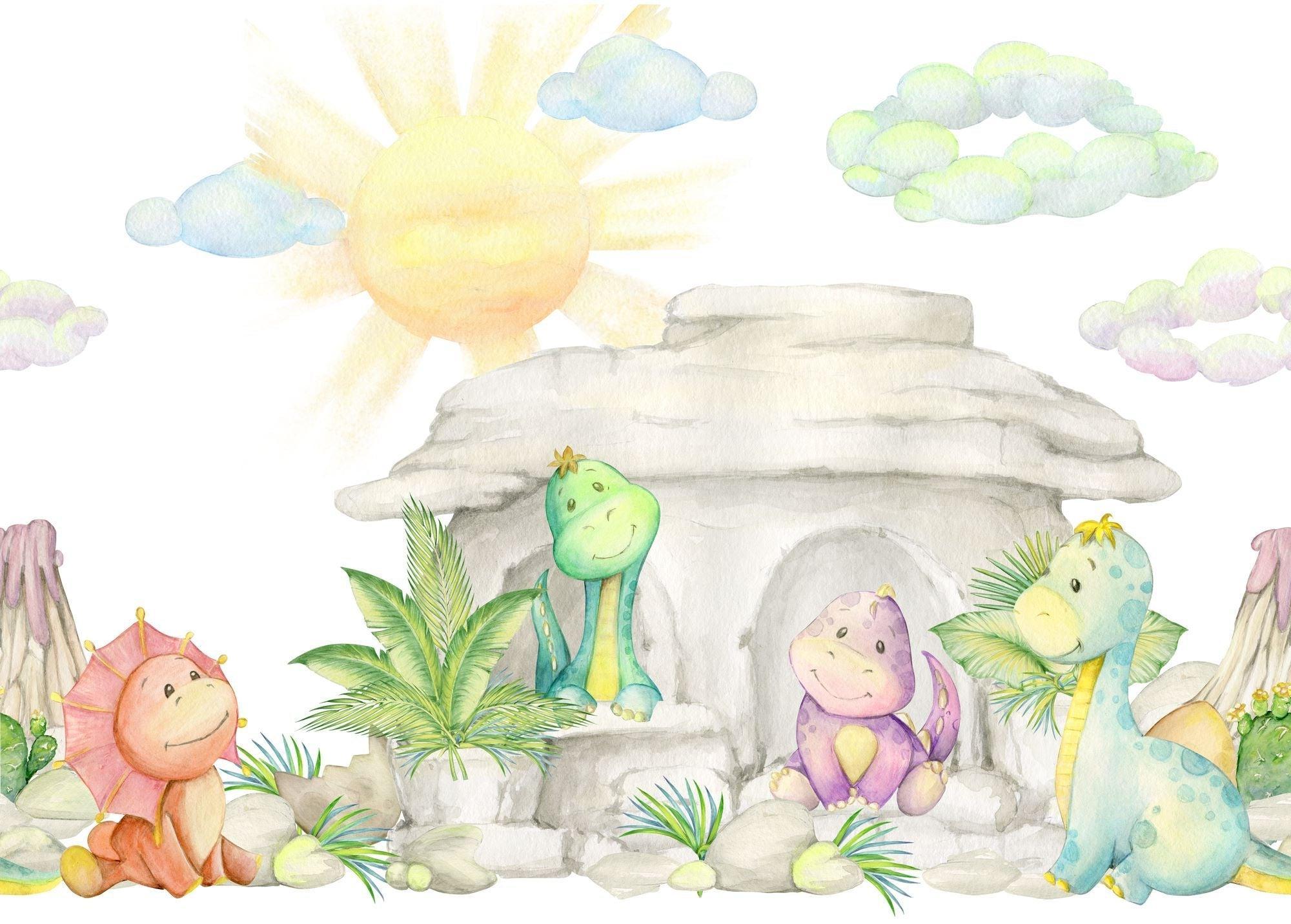 Dinosaur Mural Wallpaper | Watercolor Pastel Baby Dragons Cave