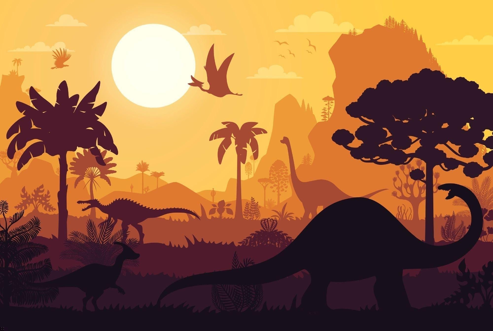 Dinosaur Mural Wallpaper | Prehistoric Sunset Landscape