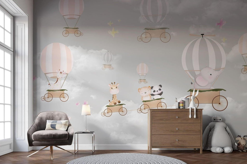 Hot Air Balloon Mural Wallpaper | Animal Adventure in Pink and Grey