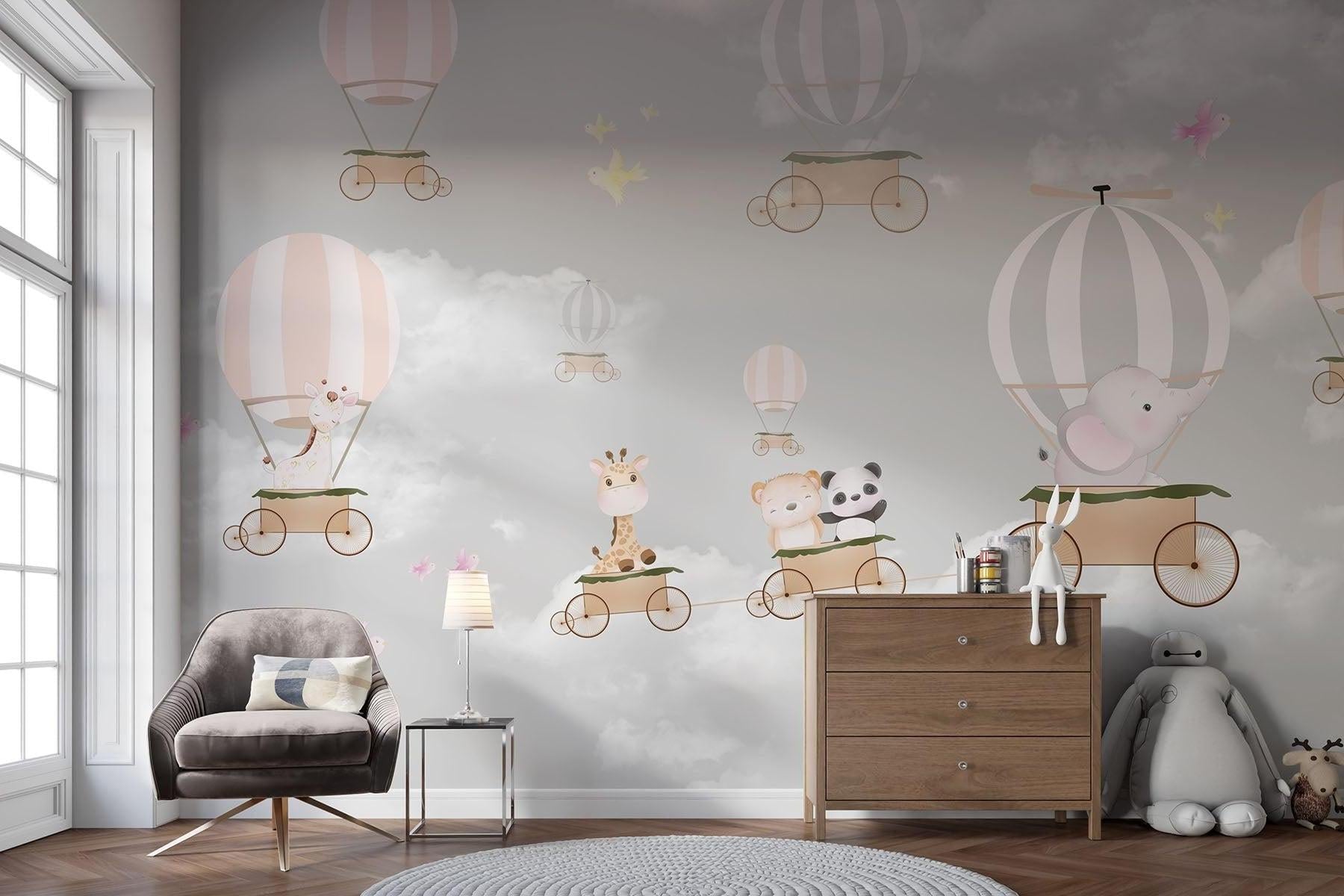 Hot Air Balloon Mural Wallpaper | Animal Adventure in Pink and Grey